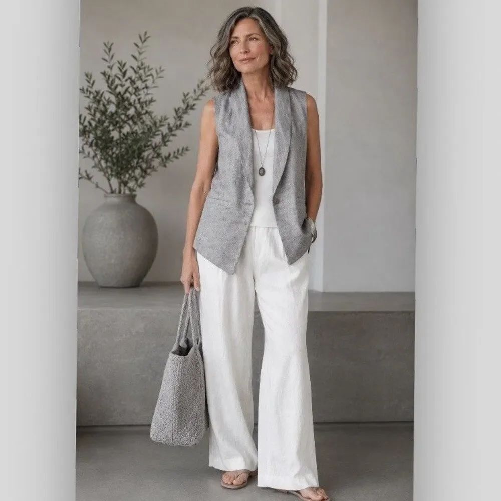 Eileen Fisher Silver Gray Twinkle Linen Shawl Collar Draped Vest Large Lagenlook